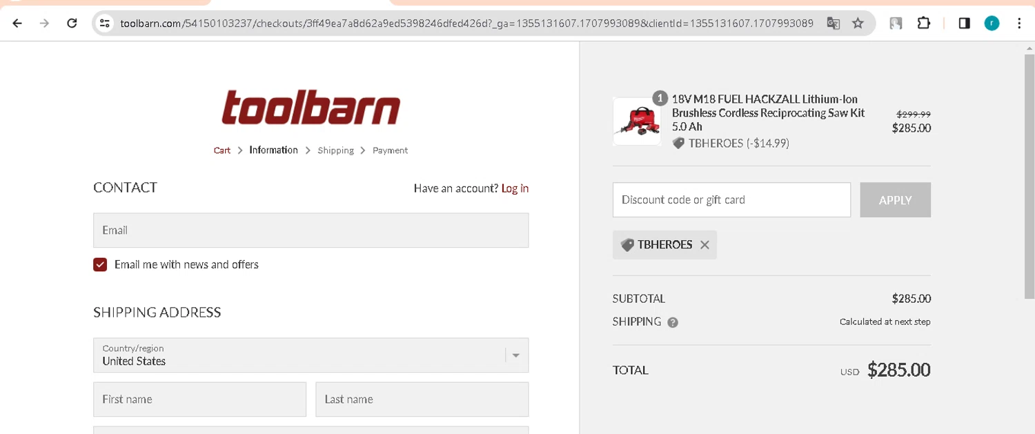 Tool Parts Direct checkout page showing Tool Parts Direct promo code box | Screenshot taken by SimplyCodes community member on Feb 15, 2024