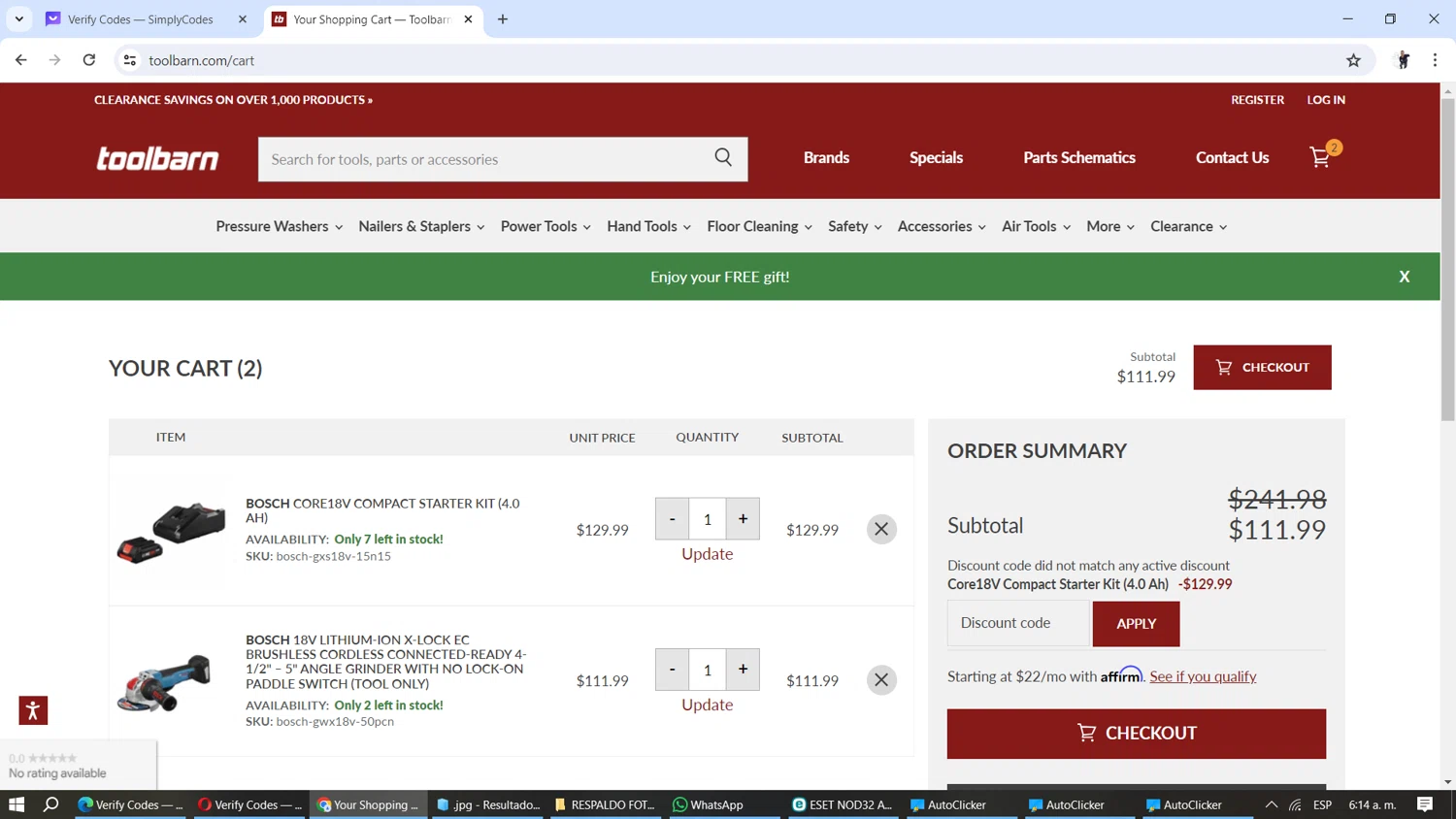 Tool Parts Direct checkout page showing Tool Parts Direct promo code box | Screenshot taken by SimplyCodes community member on Mar 14, 2024