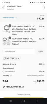 Welcome25 coupon verification screenshot