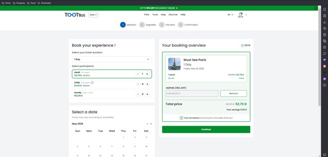 Tootbus checkout page showing Tootbus promo code box | Screenshot taken by SimplyCodes community member on May 23, 2025