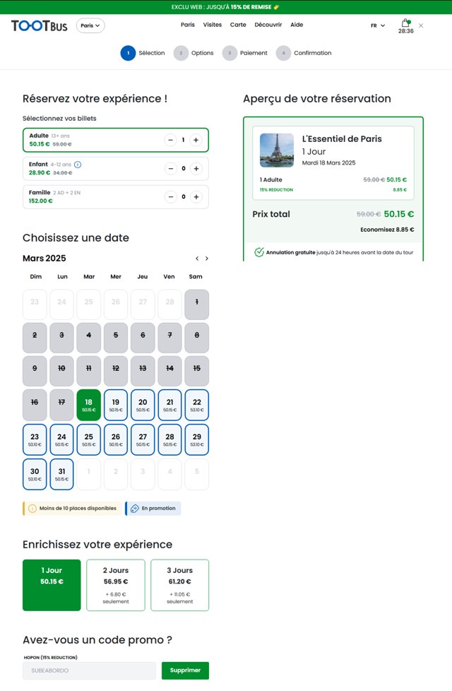 Tootbus checkout page showing Tootbus promo code box | Screenshot taken by SimplyCodes community member on Mar 18, 2025