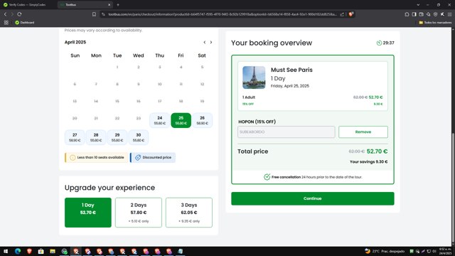 Tootbus checkout page showing Tootbus promo code box | Screenshot taken by SimplyCodes community member on Apr 24, 2025