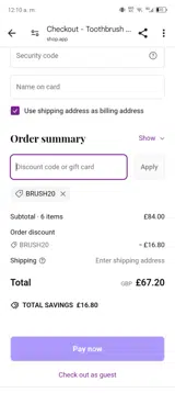 BRUSH20 coupon verification screenshot