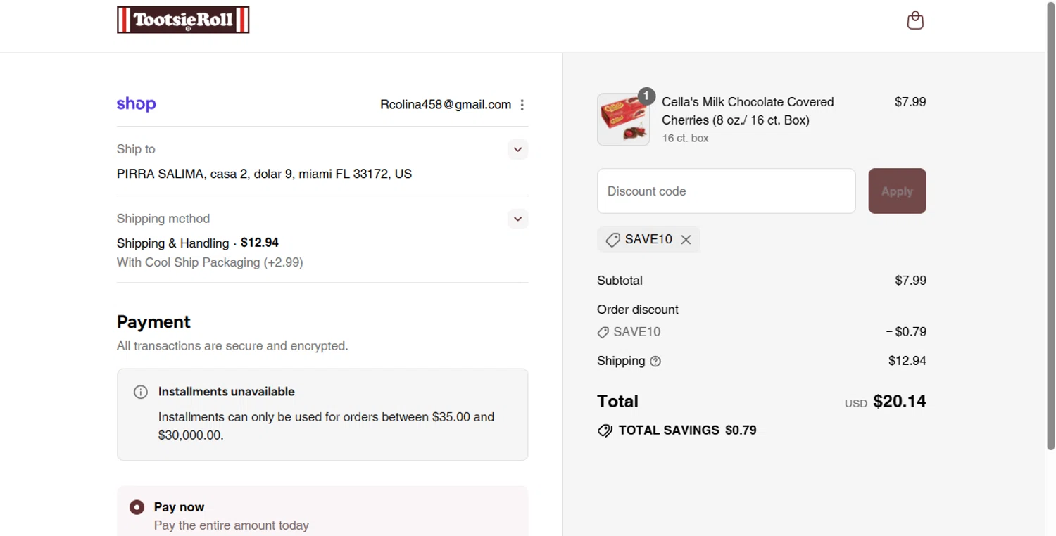 Tootsie promo code screenshot showing code SAVE10 applied at Tootsie checkout page. Uploaded by SimplyCodes community member Acidwire on Sep 8, 2025