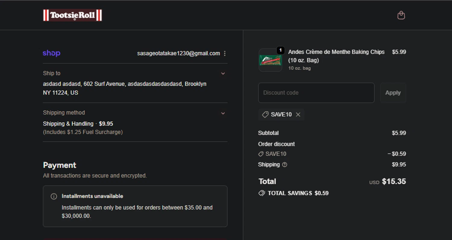Tootsie promo code screenshot showing code SAVE10 applied at Tootsie checkout page. Uploaded by SimplyCodes community member FIREINTHEHOLE on Nov 30, 2025