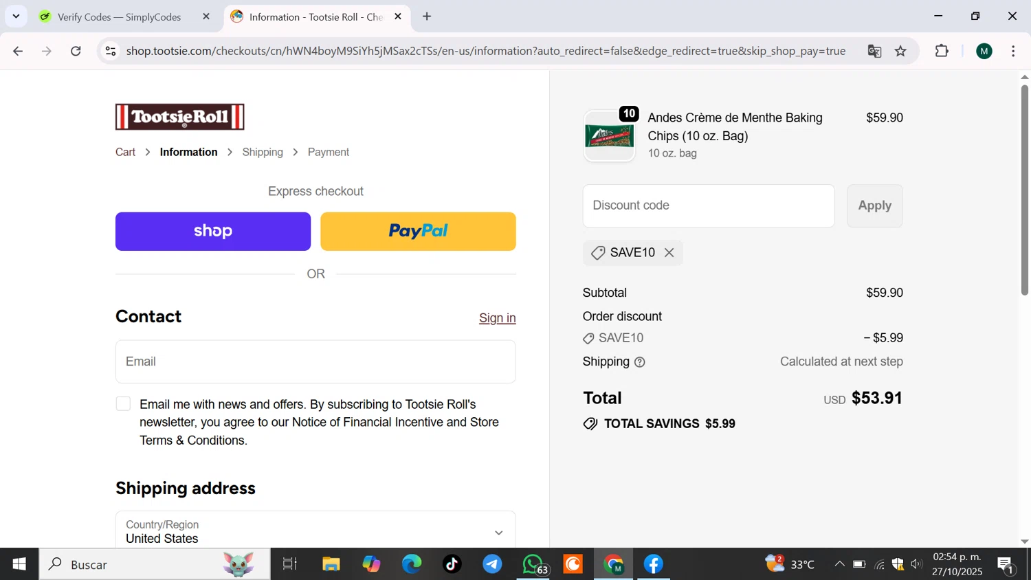 Tootsie promo code screenshot showing code SAVE10 applied at Tootsie checkout page. Uploaded by SimplyCodes community member JPRJOESTAR on Oct 27, 2025
