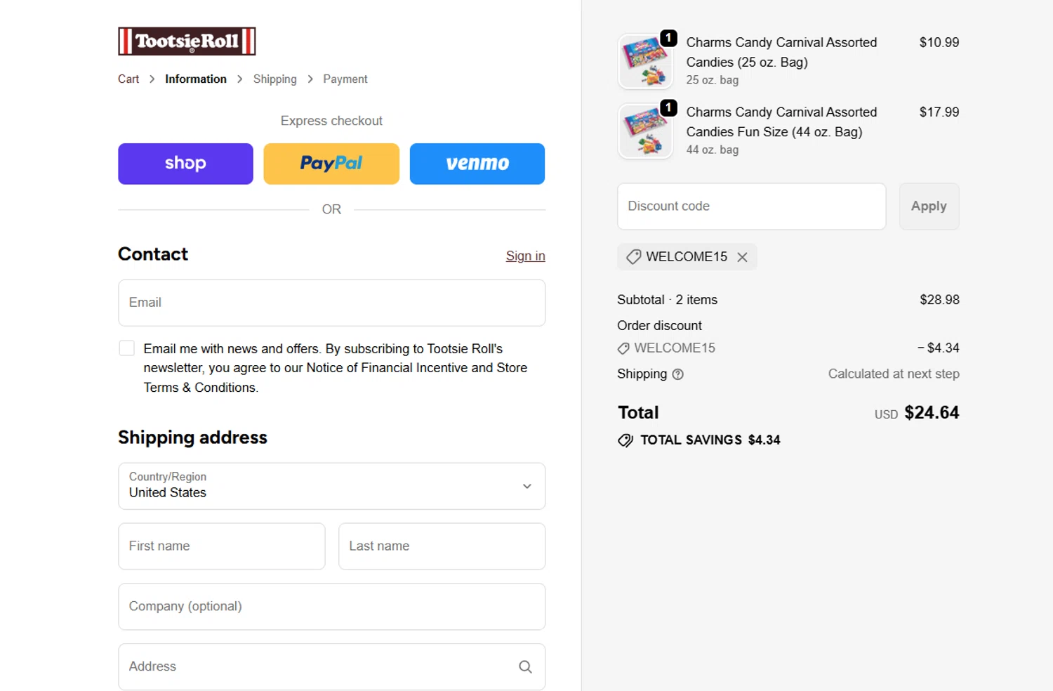 Tootsie promo code screenshot showing code WELCOME15 applied at Tootsie checkout page. Uploaded by SimplyCodes community member Espaguetticonpollo on Nov 15, 2025