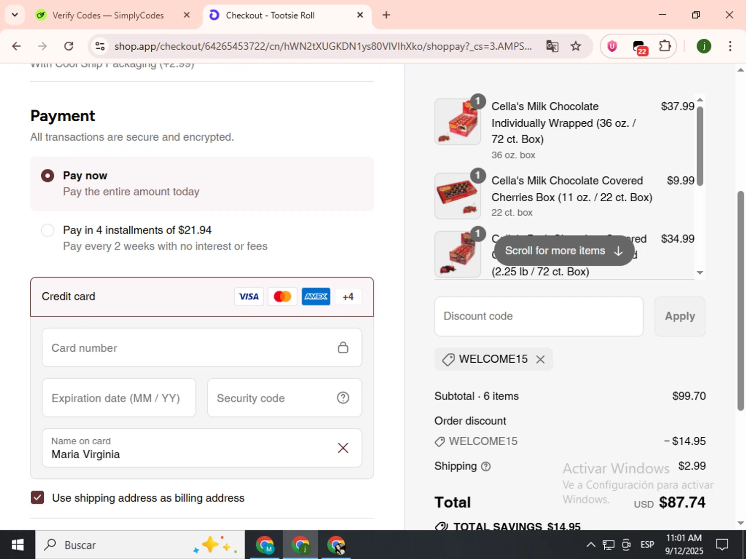 Tootsie promo code screenshot showing code WELCOME15 applied at Tootsie checkout page. Uploaded by SimplyCodes community member SavingsCollector2592 on Sep 12, 2025