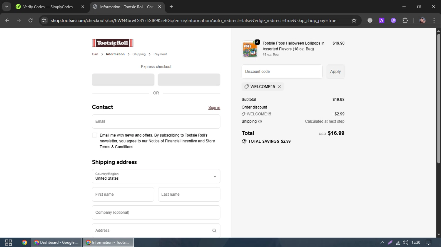Tootsie promo code screenshot showing code WELCOME15 applied at Tootsie checkout page. Uploaded by SimplyCodes community member eduardotalavera49_77 on Oct 27, 2025