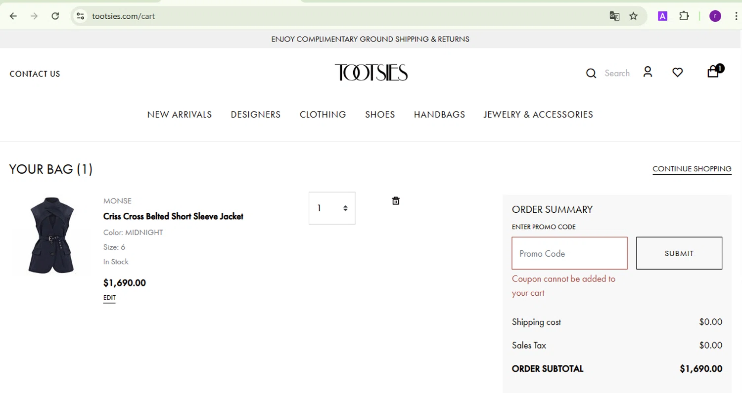 Tootsies discount code screenshot showing code welcome10 applied at Tootsies checkout page. Uploaded by SimplyCodes community member SmartVoyager1455 on Mar 7, 2025