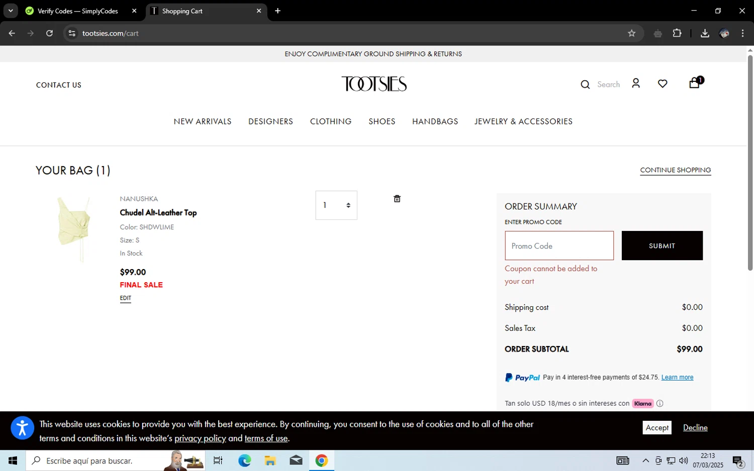 Tootsies discount code screenshot showing code flash20 applied at Tootsies checkout page. Uploaded by SimplyCodes community member LegendaryWarden2503 on Mar 7, 2025