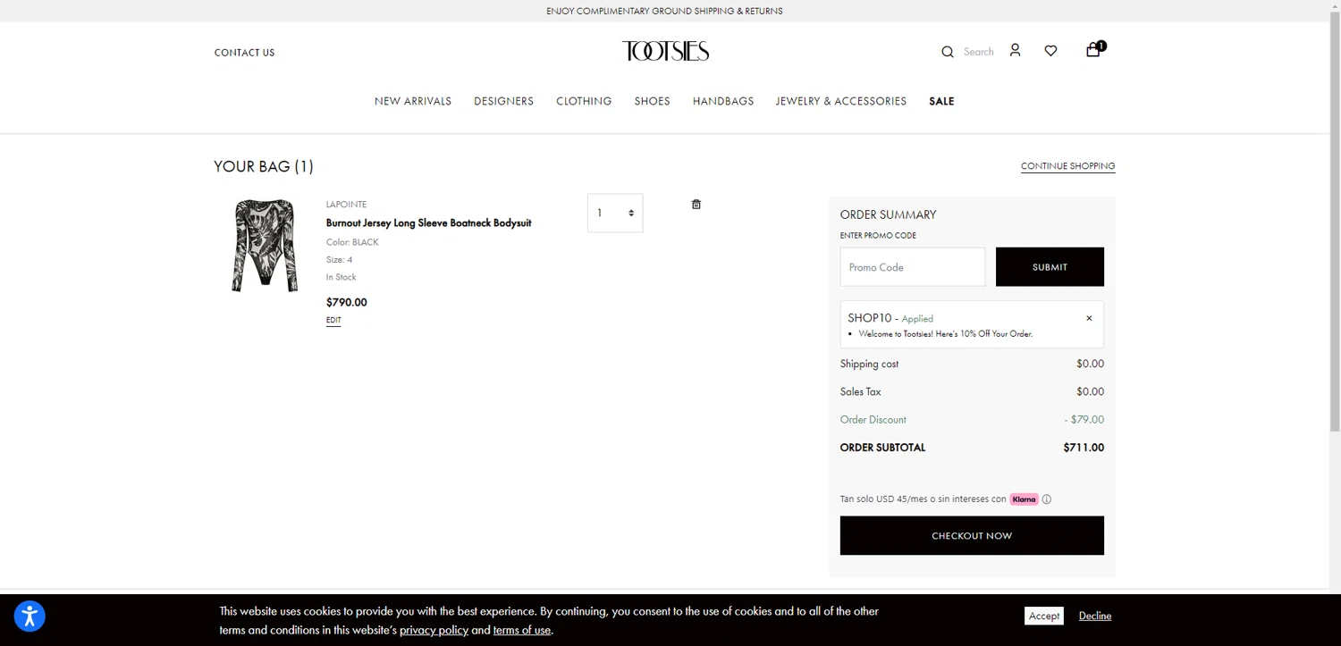 Tootsies discount code screenshot showing code SHOP10 applied at Tootsies checkout page. Uploaded by SimplyCodes community member CashSentinel5495 on Jul 9, 2025