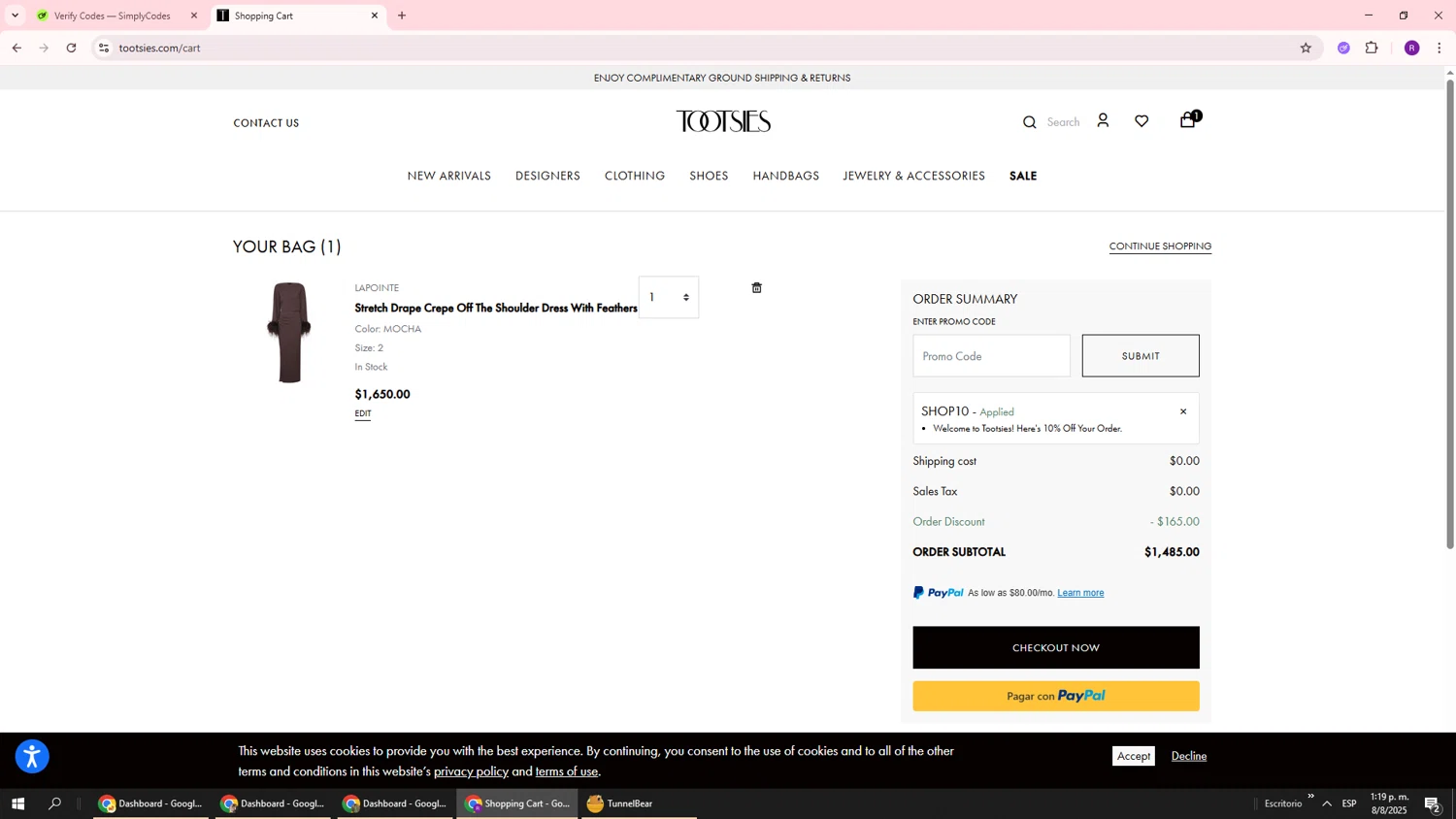 Tootsies discount code screenshot showing code SHOP10 applied at Tootsies checkout page. Uploaded by SimplyCodes community member ukemochi on Aug 8, 2025