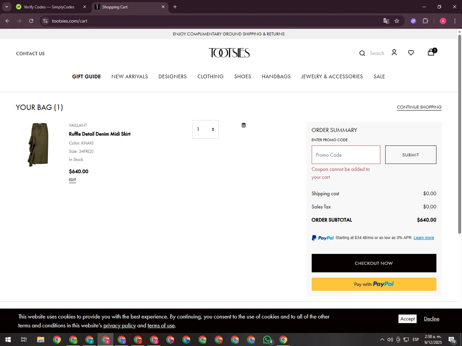 Tootsies discount code screenshot showing code holiday2025 applied at Tootsies checkout page. Uploaded by SimplyCodes community member CrownHawk3462 on Dec 9, 2025