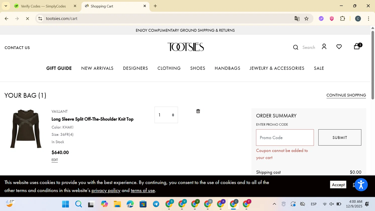 Tootsies discount code screenshot showing code holiday2025 applied at Tootsies checkout page. Uploaded by SimplyCodes community member SaleVirtuoso3791 on Dec 9, 2025