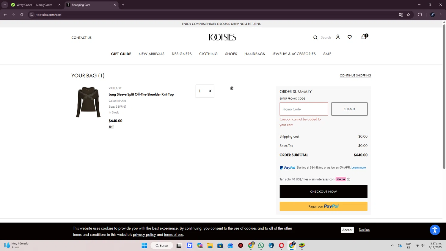 Tootsies discount code screenshot showing code holiday2025 applied at Tootsies checkout page. Uploaded by SimplyCodes community member SmartWizard8062 on Dec 9, 2025