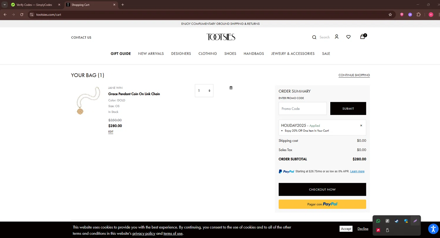 Tootsies checkout page showing Tootsies discount code box | Screenshot taken by SimplyCodes community member on Nov 30, 2025