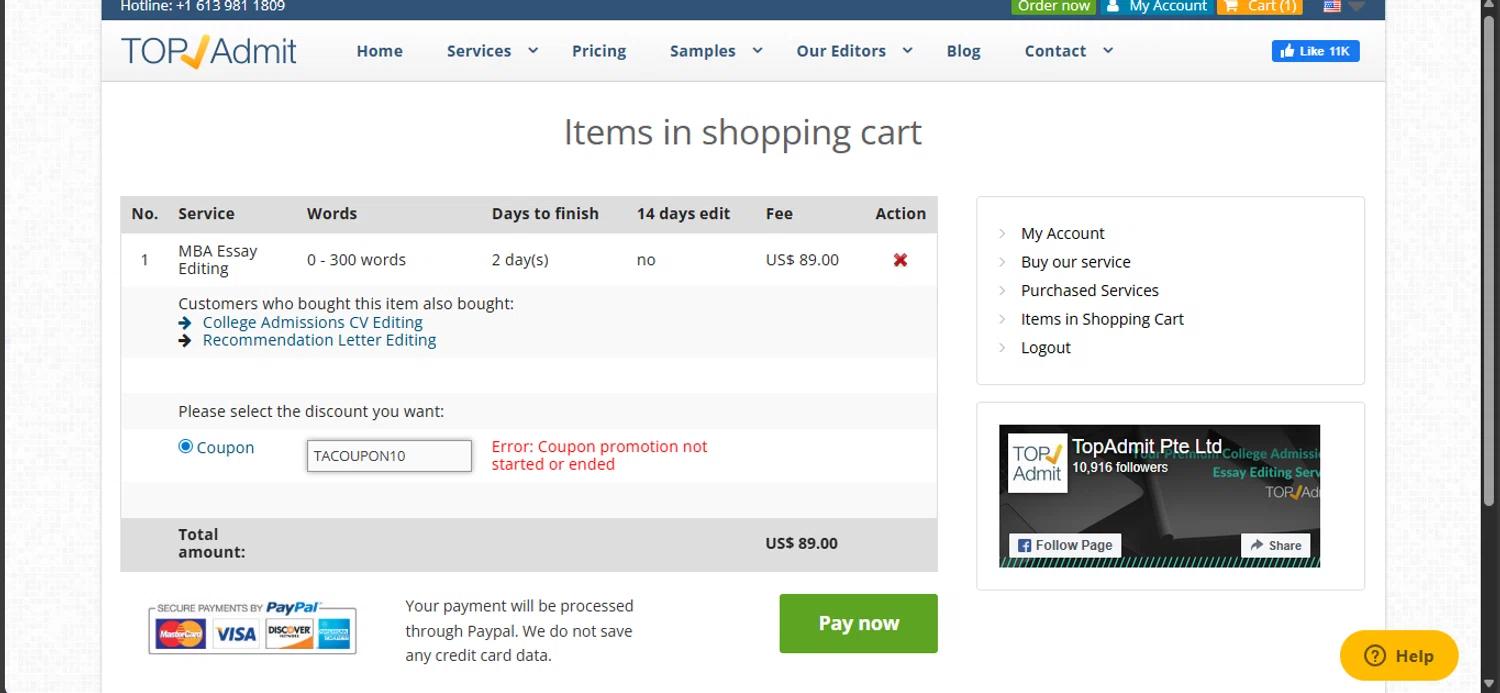 Top Admit promo code screenshot showing code TACOUPON10 applied at Top Admit checkout page. Uploaded by SimplyCodes community member Nicoletorres on Sep 5, 2025