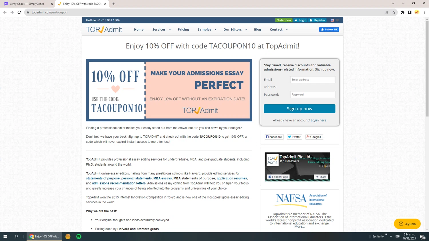 Top Admit checkout page showing Top Admit promo code box | Screenshot taken by SimplyCodes community member on Dec 10, 2023