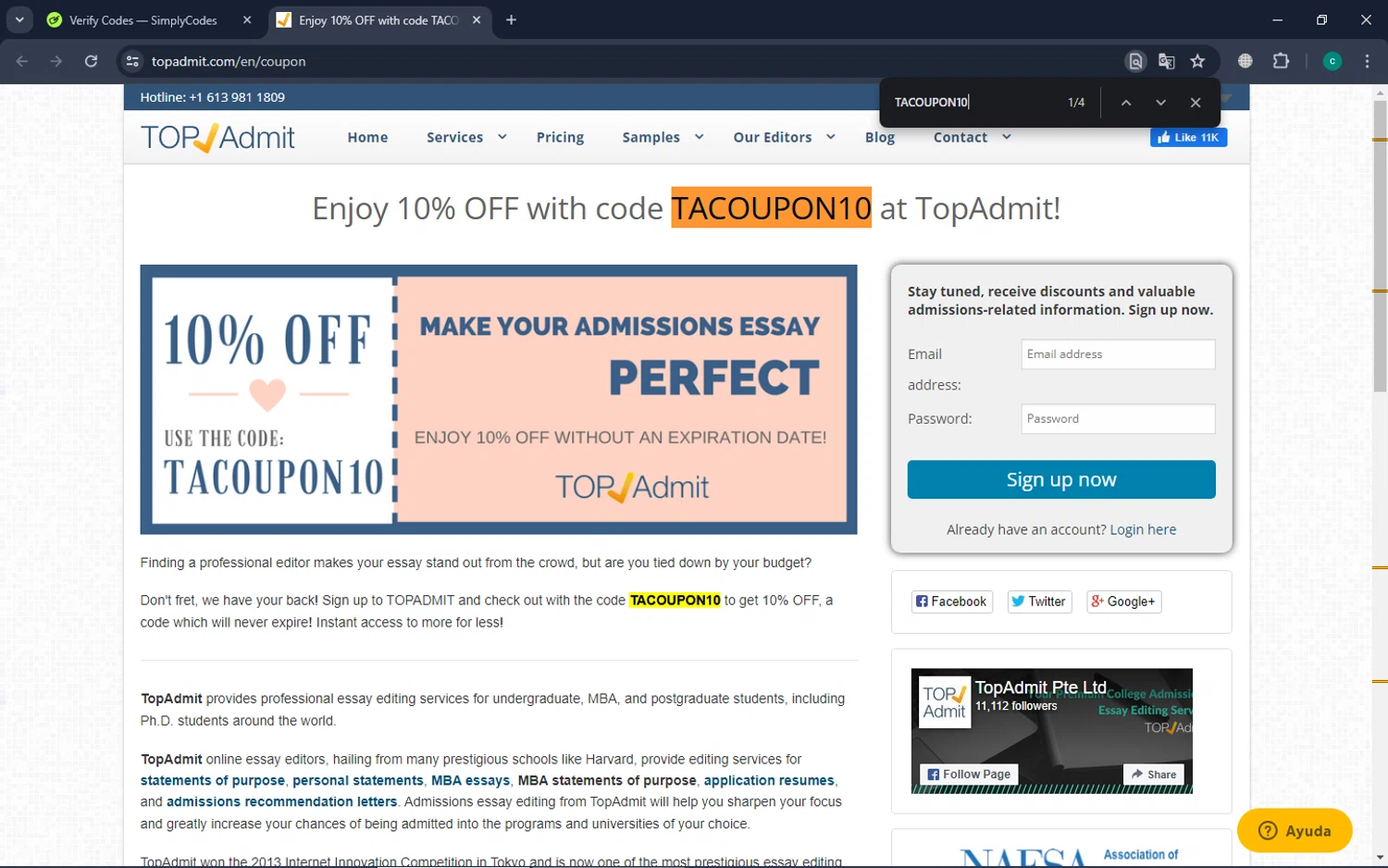 Top Admit checkout page showing Top Admit promo code box | Screenshot taken by SimplyCodes community member on May 3, 2024
