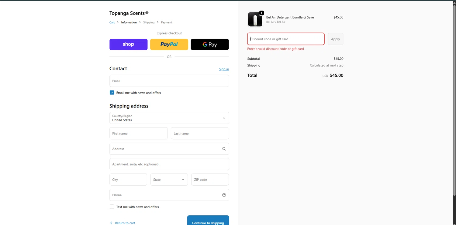 Topanga Scents discount code screenshot showing code HOWIE10 applied at Topanga Scents checkout page. Uploaded by SimplyCodes community member ValiantSleuth7563 on Dec 19, 2025