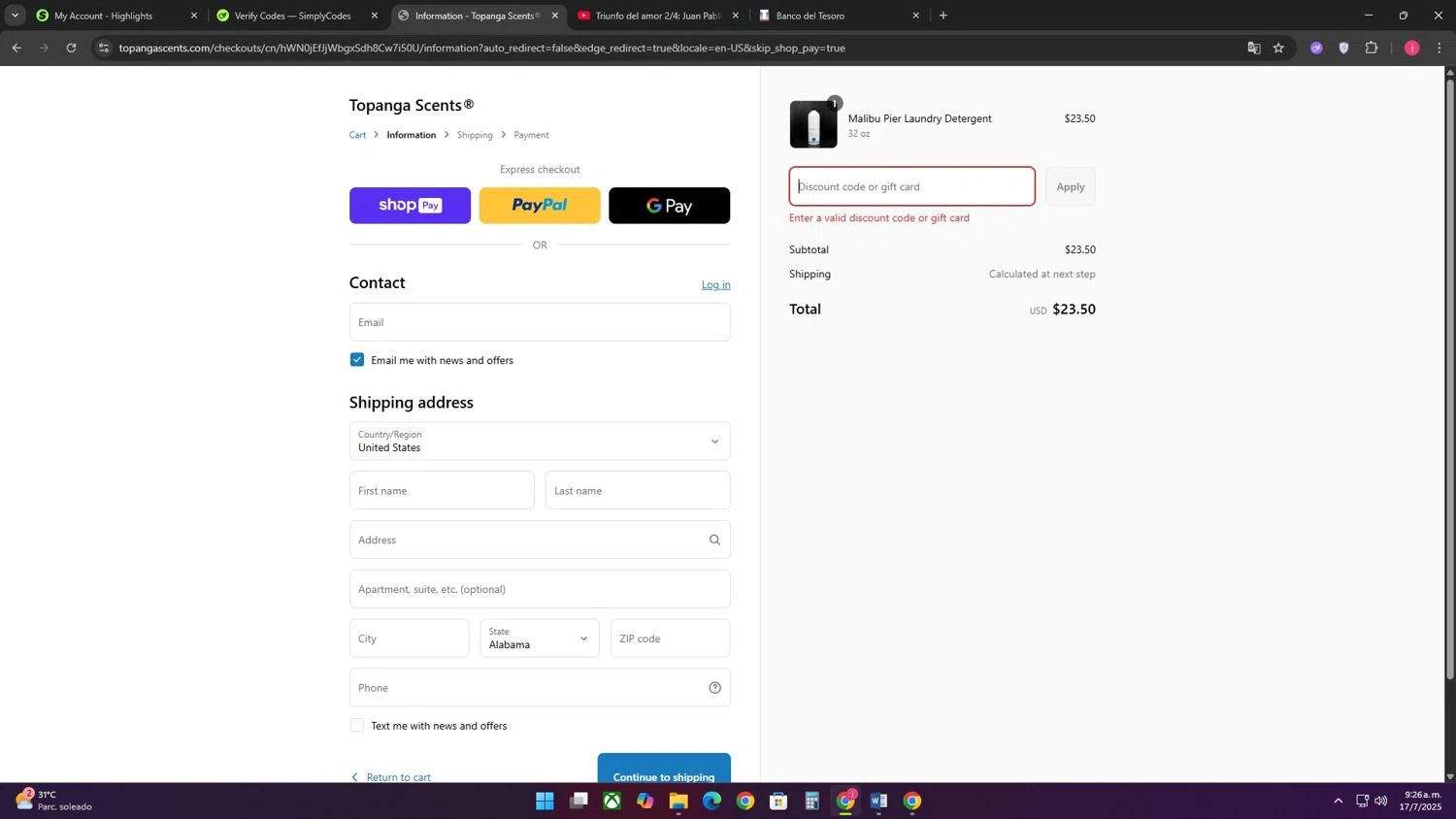 Topanga Scents discount code screenshot showing code SPRING5 applied at Topanga Scents checkout page. Uploaded by SimplyCodes community member CoinRanger3407 on Jul 17, 2025