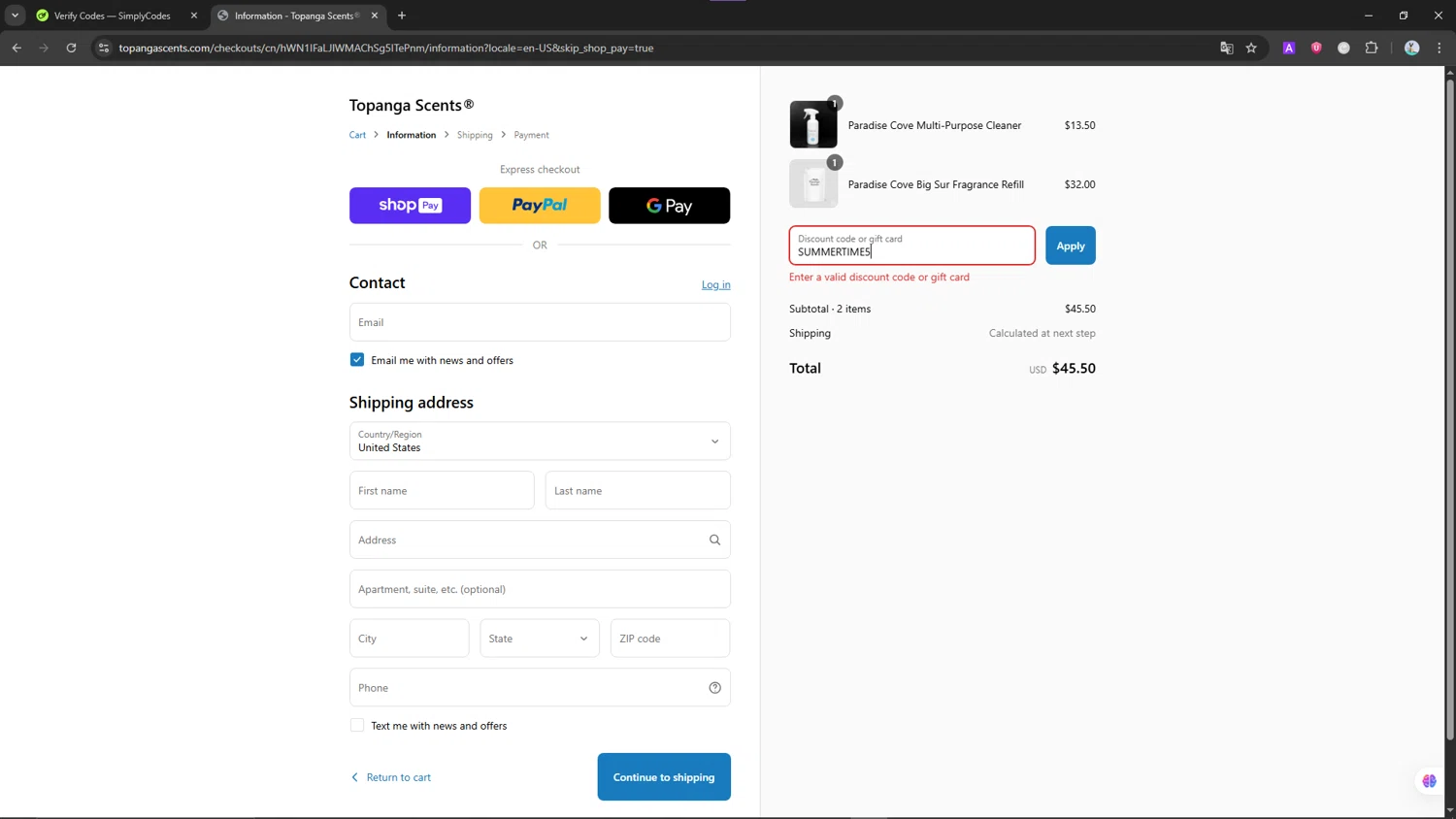 Topanga Scents discount code screenshot showing code SUMMERTIME5 applied at Topanga Scents checkout page. Uploaded by SimplyCodes community member NobleScholar188 on Aug 1, 2025