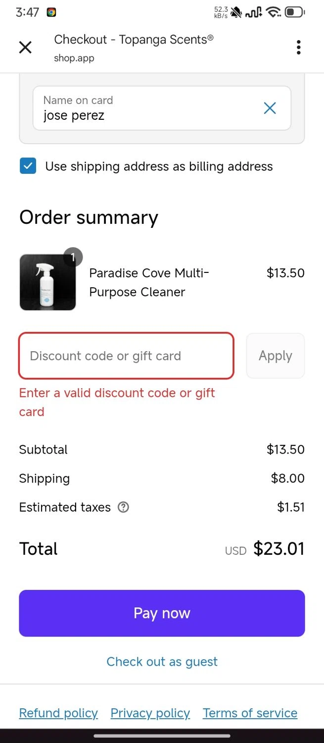Topanga Scents discount code screenshot showing code SUMMERTIME5 applied at Topanga Scents checkout page. Uploaded by SimplyCodes community member SilverMaven7655 on Aug 1, 2025