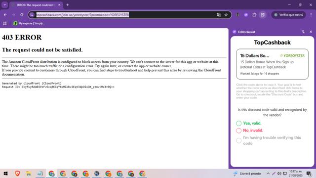 TopCashback checkout page showing TopCashback promo code box | Screenshot taken by SimplyCodes community member on Aug 21, 2025