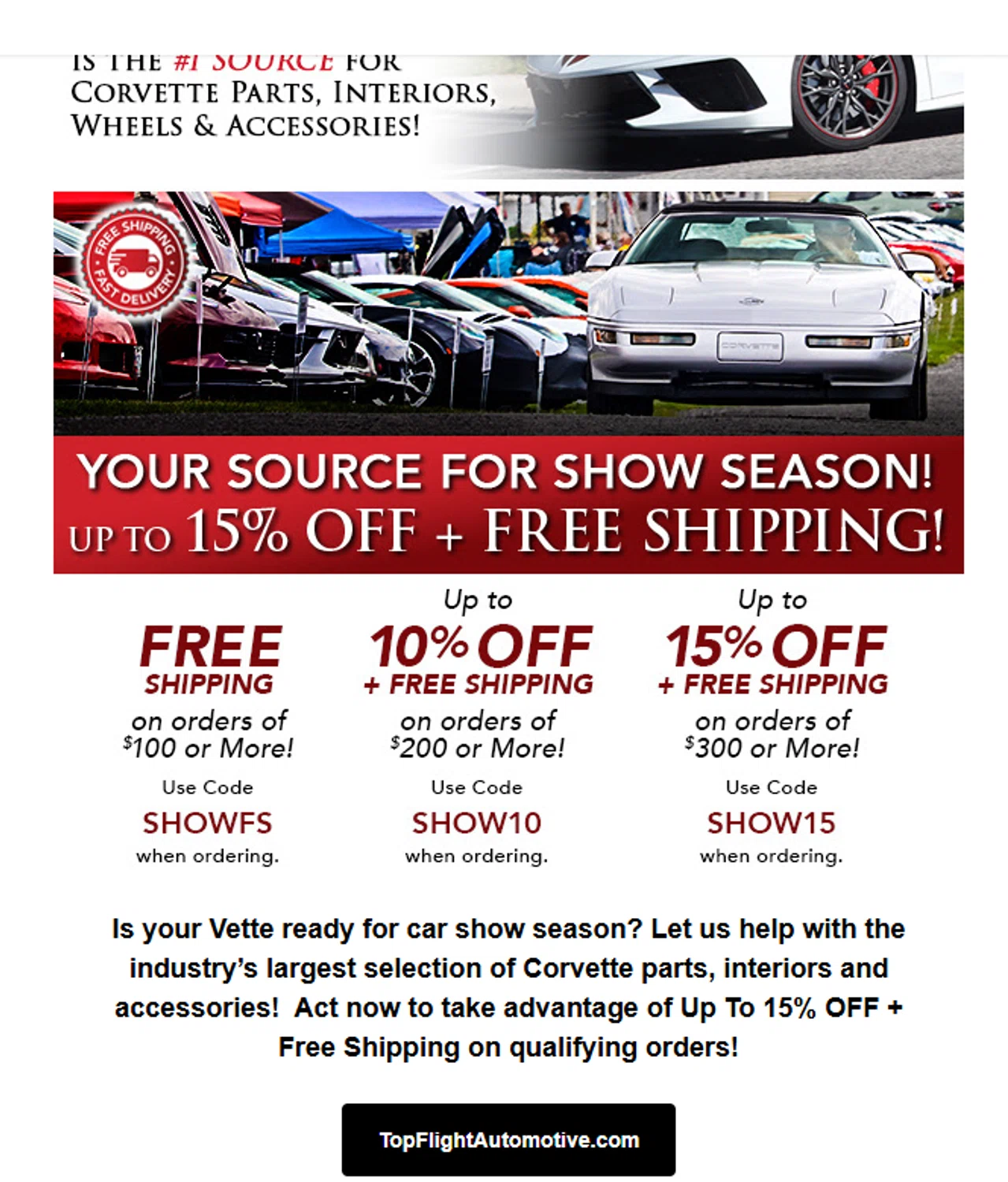 Top Flight Automotive coupon code screenshot showing code SHOW10 applied at Top Flight Automotive checkout page. Uploaded by SimplyCodes community member valeriaantonieta on Jan 9, 2026