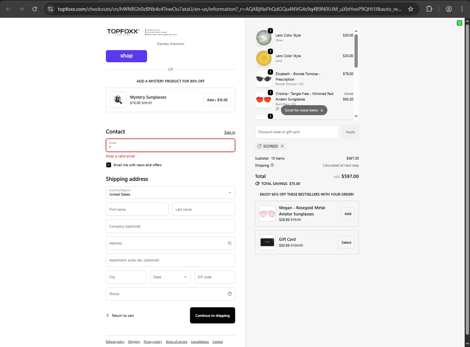 TopFoxx coupon code screenshot showing code SCORE20 applied at TopFoxx checkout page. Uploaded by SimplyCodes community member ShrewdDefender8496 on Feb 1, 2026