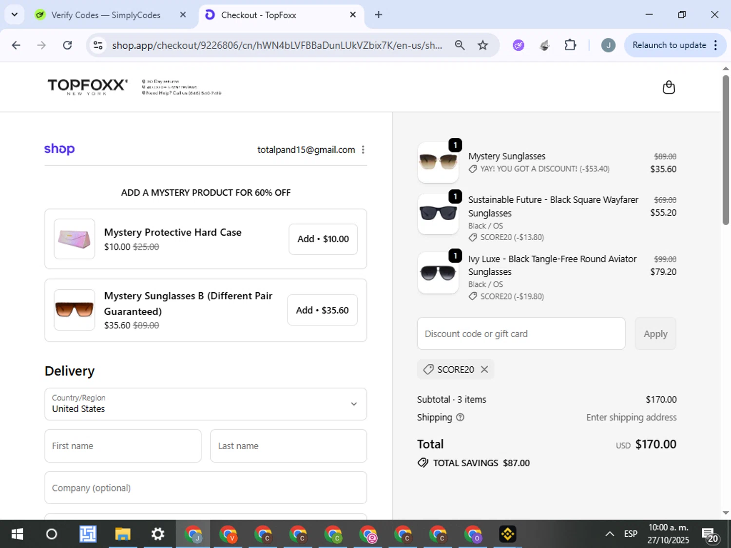 TopFoxx coupon code screenshot showing code SCORE20 applied at TopFoxx checkout page. Uploaded by SimplyCodes community member ValueTracker8384 on Oct 27, 2025