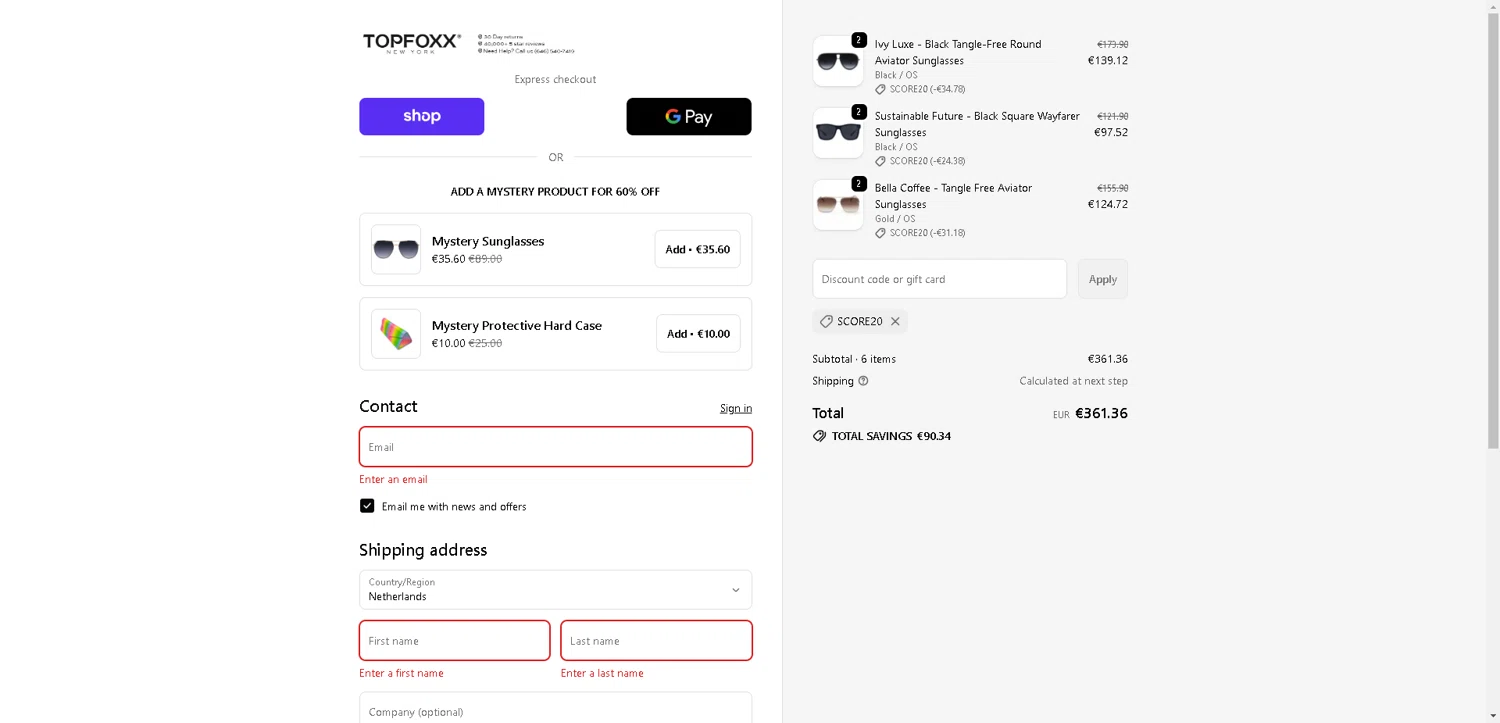 TopFoxx coupon code screenshot showing code SCORE20 applied at TopFoxx checkout page. Uploaded by SimplyCodes community member VictoriousFinder4393 on Oct 23, 2025