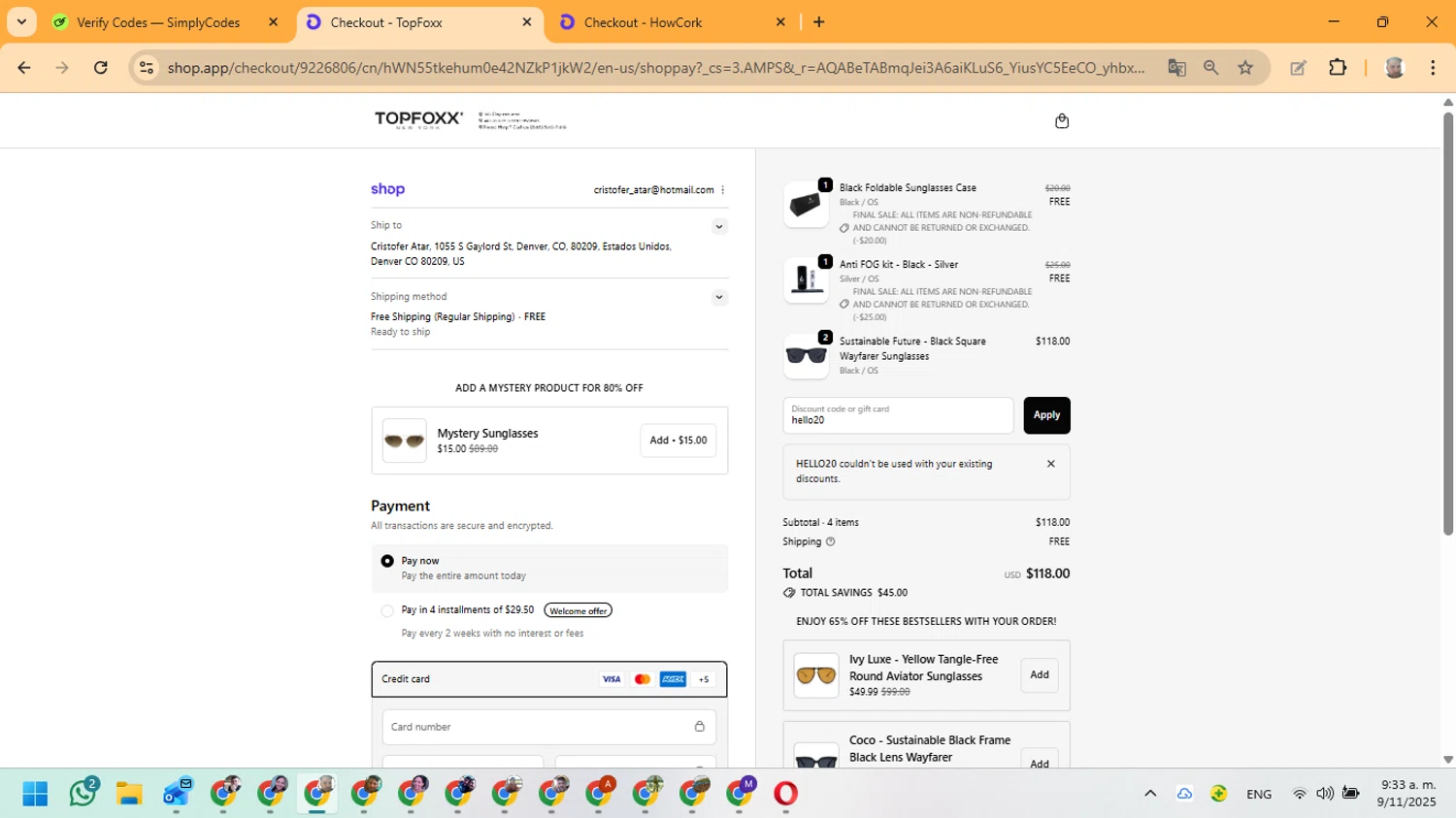 TopFoxx coupon code screenshot showing code hello20 applied at TopFoxx checkout page. Uploaded by SimplyCodes community member ManuelF on Nov 9, 2025