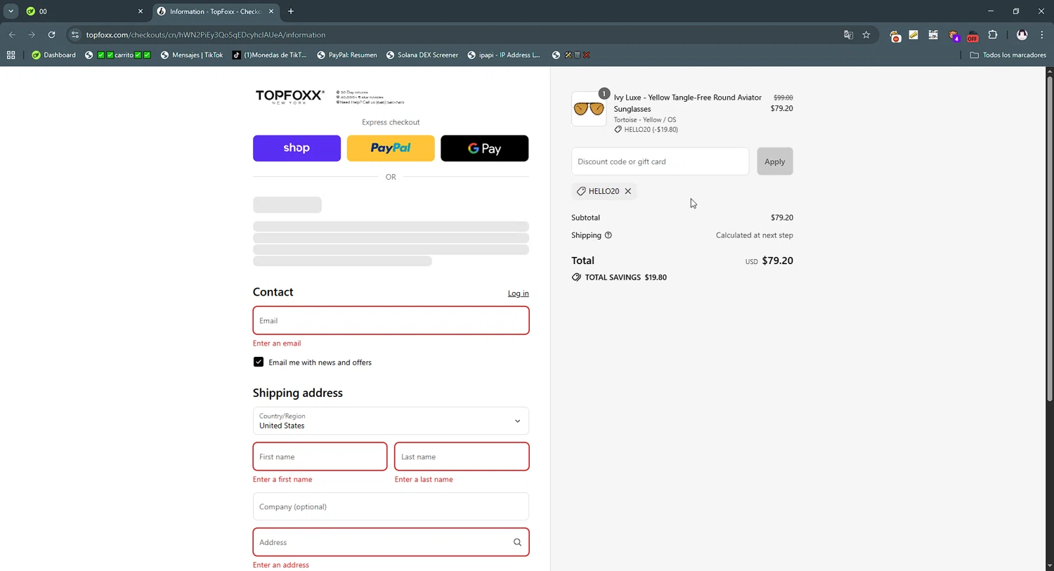 TopFoxx coupon code screenshot showing code hello20 applied at TopFoxx checkout page. Uploaded by SimplyCodes community member gribethr on Aug 30, 2025