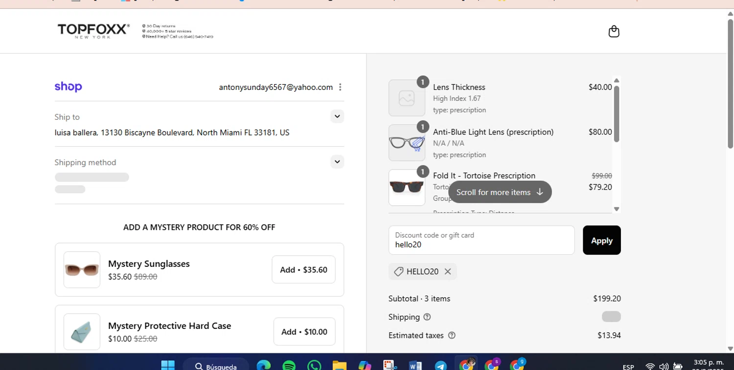 TopFoxx coupon code screenshot showing code hello20 applied at TopFoxx checkout page. Uploaded by SimplyCodes community member luisaballera on Aug 30, 2025