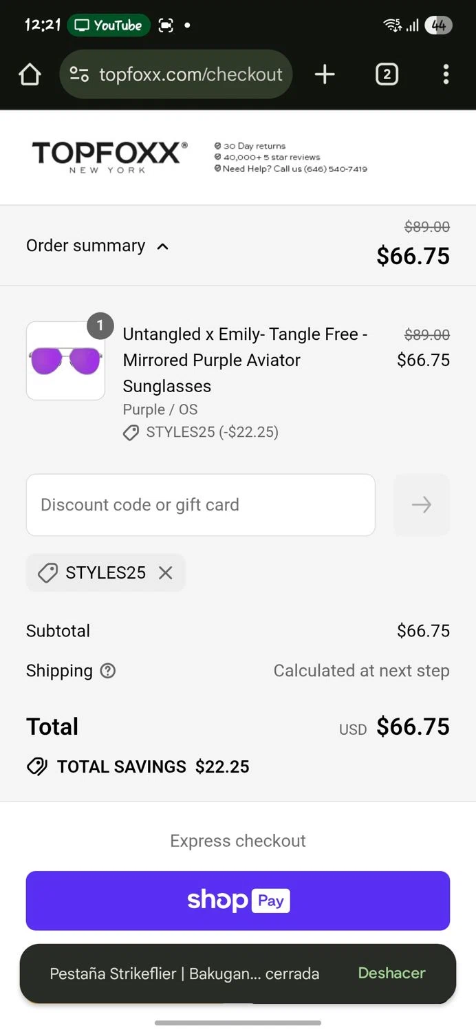 TopFoxx coupon code screenshot showing code STYLES25 applied at TopFoxx checkout page. Uploaded by SimplyCodes community member CleverLynx5188 on Jul 6, 2025