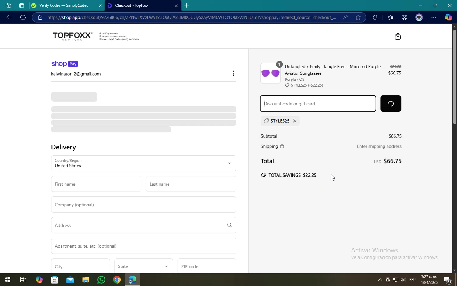 TopFoxx coupon code screenshot showing code STYLES25 applied at TopFoxx checkout page. Uploaded by SimplyCodes community member SOPACONPAN on Apr 18, 2025