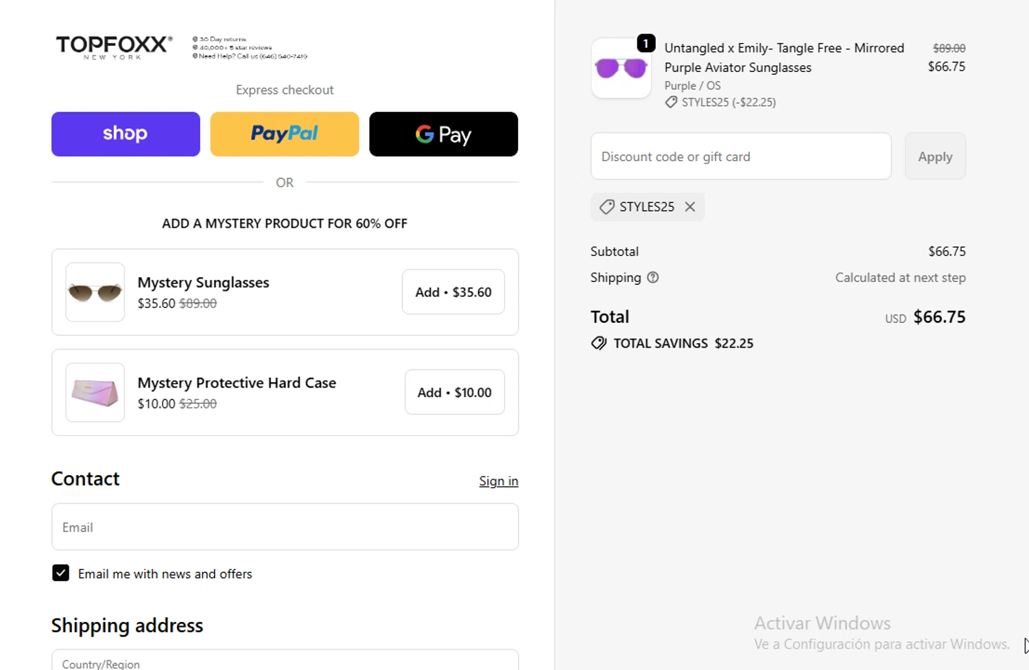 TopFoxx coupon code screenshot showing code STYLES25 applied at TopFoxx checkout page. Uploaded by SimplyCodes community member VictoriousElite9587 on Oct 11, 2025