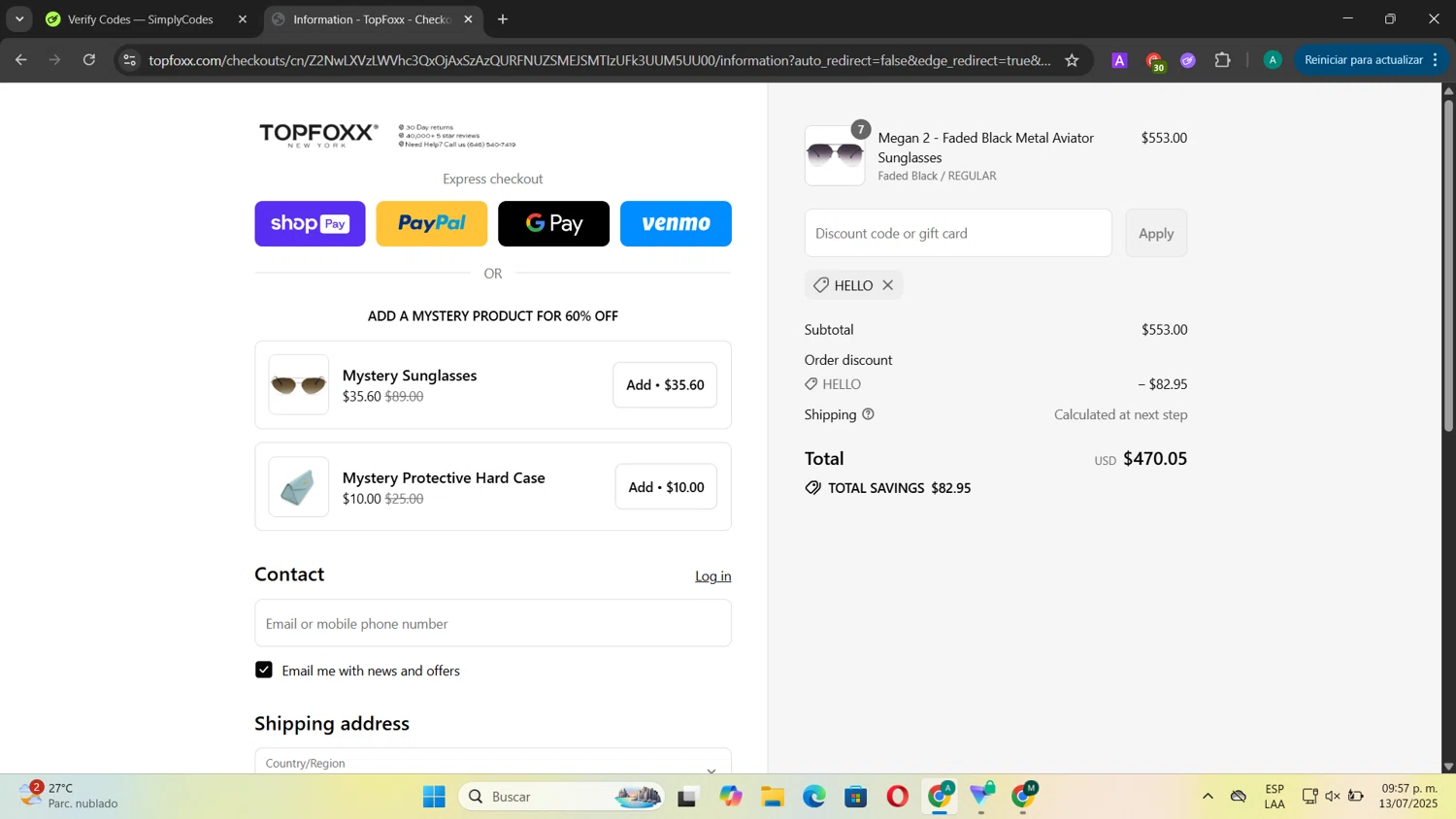 TopFoxx coupon code screenshot showing code HELLO applied at TopFoxx checkout page. Uploaded by SimplyCodes community member CouponSentinel181 on Jul 14, 2025