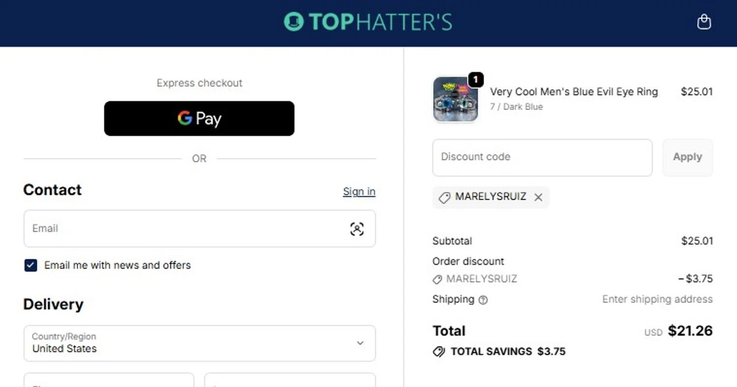 Tophatter's promo code screenshot showing code MARELYSRUIZ applied at Tophatter's checkout page. Uploaded by SimplyCodes community member mandrakke on Jun 3, 2026
