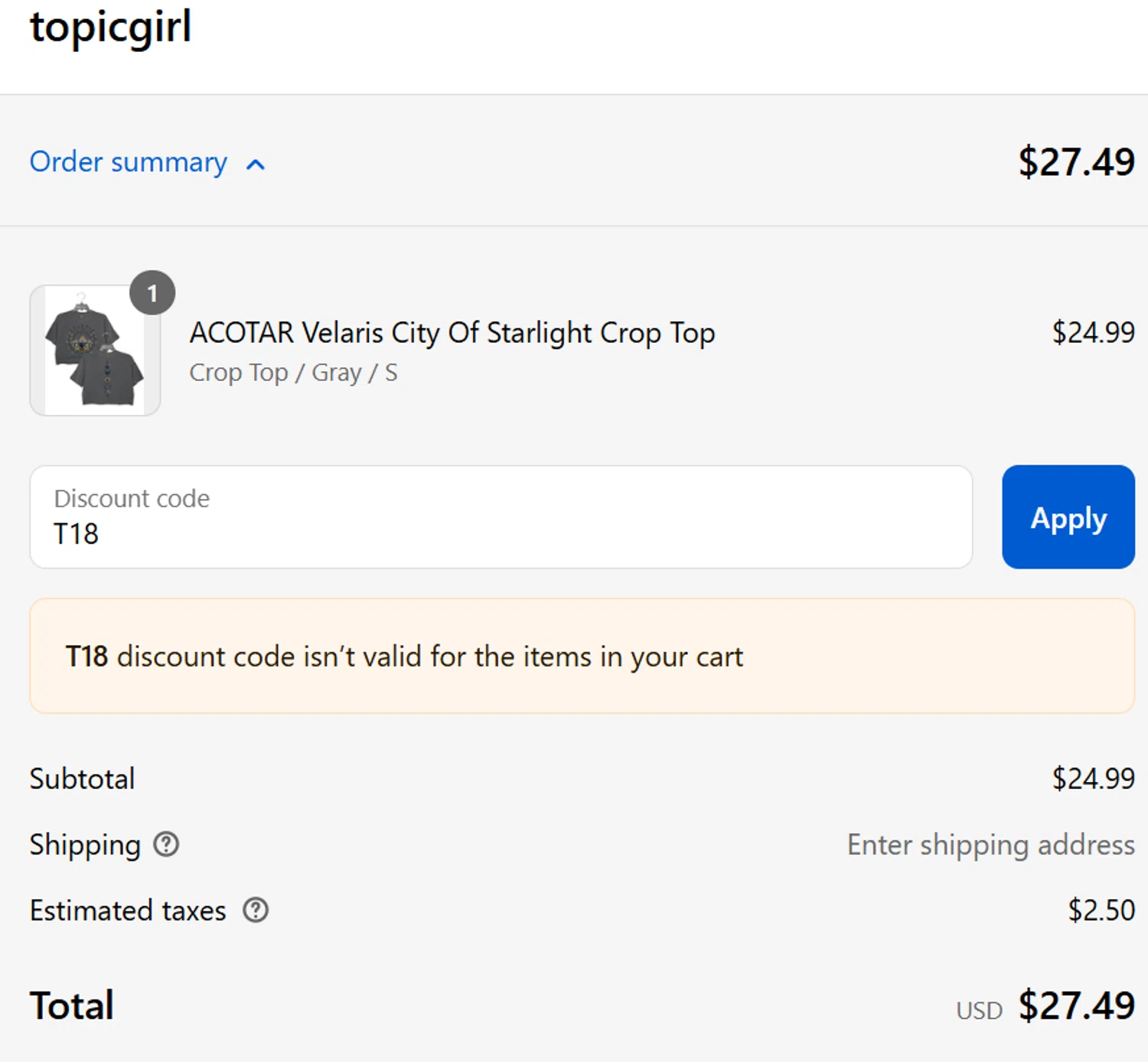 Topicgirl discount code screenshot showing code T18 applied at Topicgirl checkout page. Uploaded by SimplyCodes community member MightyHunter5940 on Aug 23, 2025