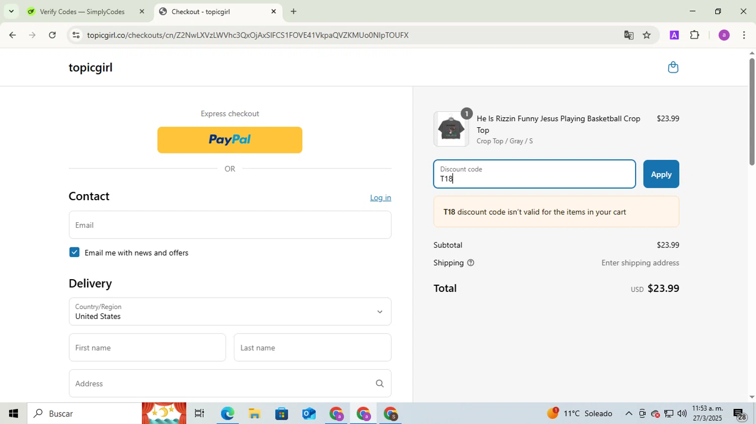 Topicgirl discount code screenshot showing code T18 applied at Topicgirl checkout page. Uploaded by SimplyCodes community member ExtraordinaryExpert1730 on Mar 27, 2025
