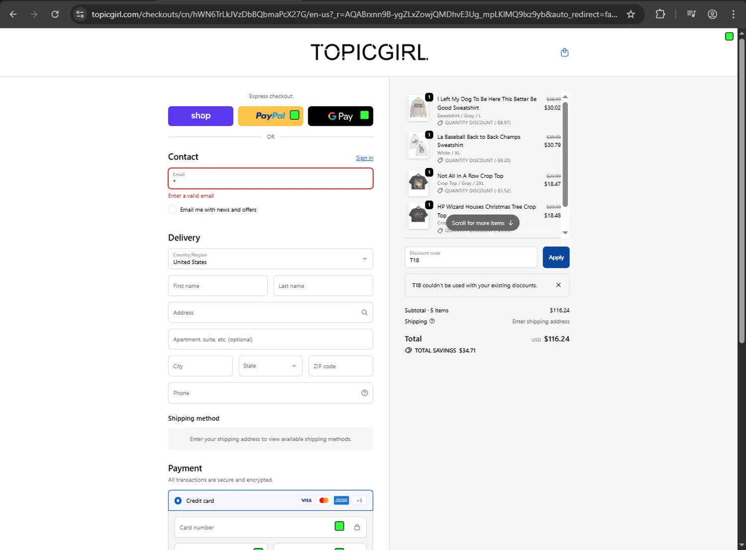 Topicgirl discount code screenshot showing code T18 applied at Topicgirl checkout page. Uploaded by SimplyCodes community member gokuyvegetta on Dec 16, 2025