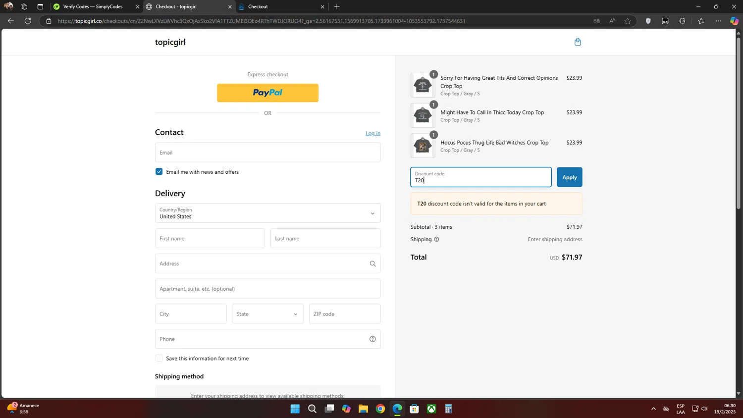 Topicgirl discount code screenshot showing code T20 applied at Topicgirl checkout page. Uploaded by SimplyCodes community member Flores on Feb 19, 2025