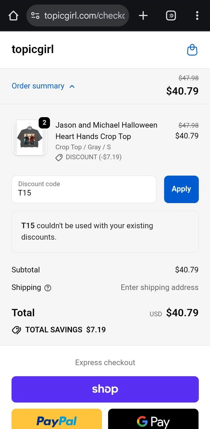 Topicgirl discount code screenshot showing code T15 applied at Topicgirl checkout page. Uploaded by SimplyCodes community member ValiantCurator3344 on Sep 23, 2025
