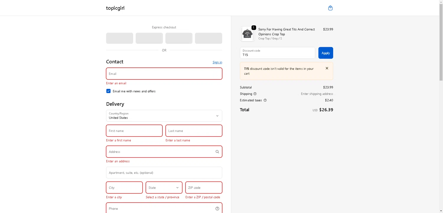 Topicgirl discount code screenshot showing code T15 applied at Topicgirl checkout page. Uploaded by SimplyCodes community member VictoriousFinder4393 on Oct 1, 2025
