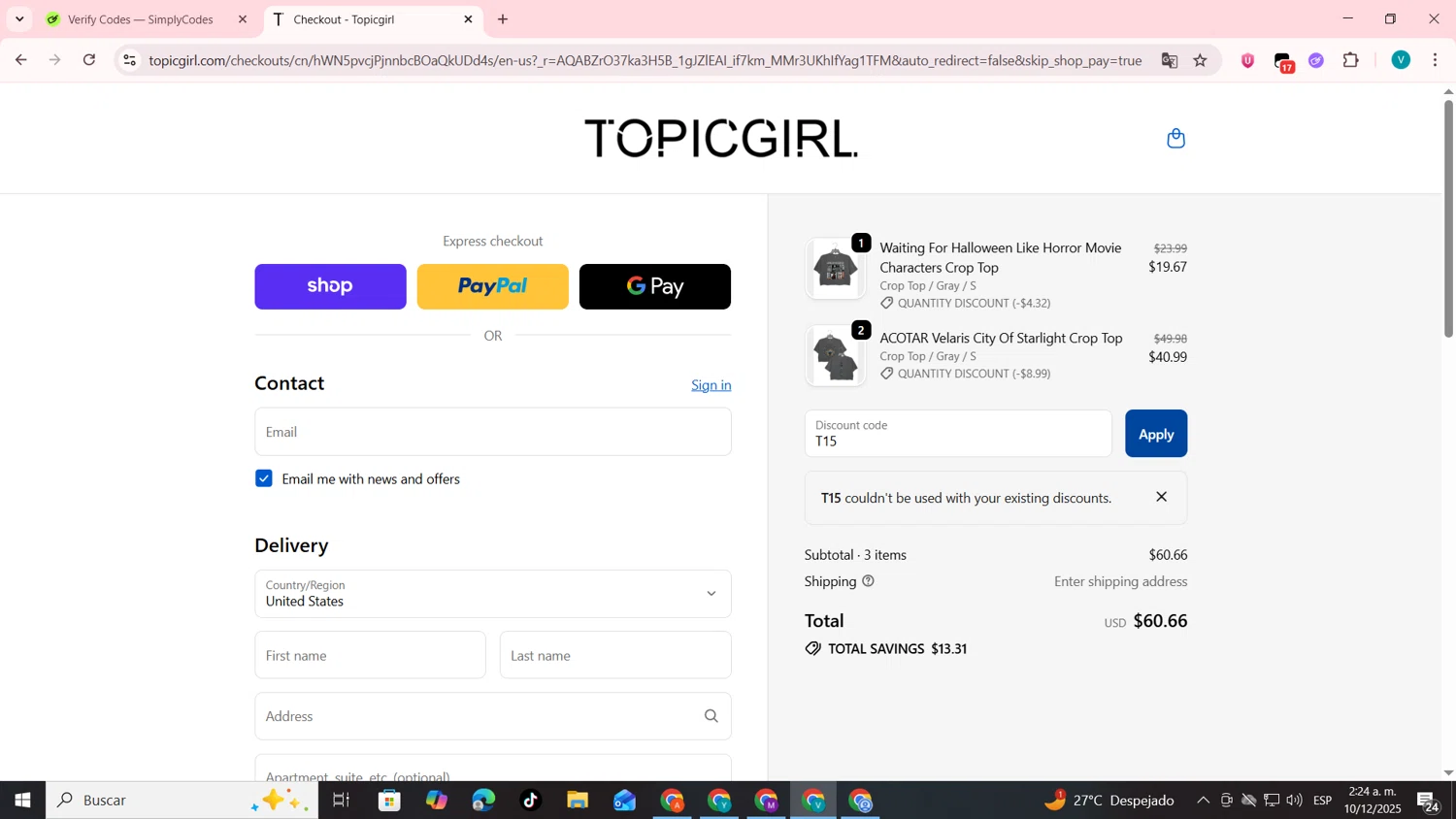 Topicgirl discount code screenshot showing code T15 applied at Topicgirl checkout page. Uploaded by SimplyCodes community member lyffytaro on Dec 10, 2025