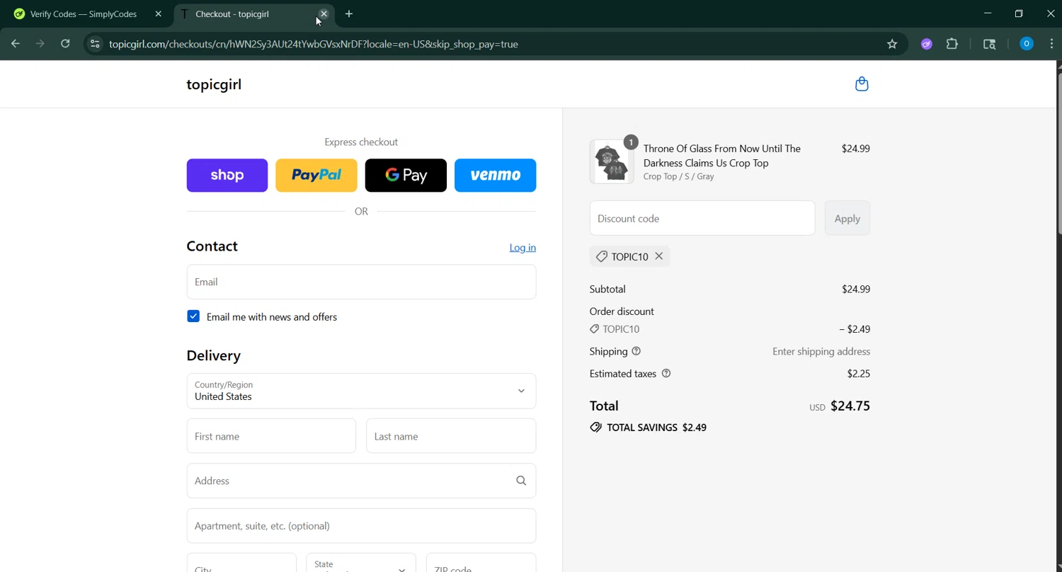 Topicgirl discount code screenshot showing code TOPIC10 applied at Topicgirl checkout page. Uploaded by SimplyCodes community member GoldAdmiral5202 on Sep 1, 2025