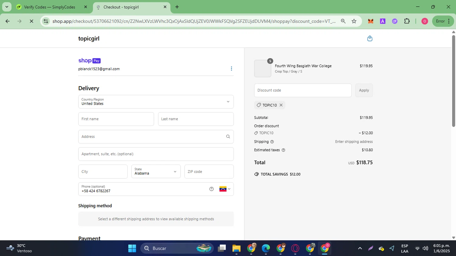 Topicgirl discount code screenshot showing code TOPIC10 applied at Topicgirl checkout page. Uploaded by SimplyCodes community member SilverVirtuoso7221 on Jun 1, 2025